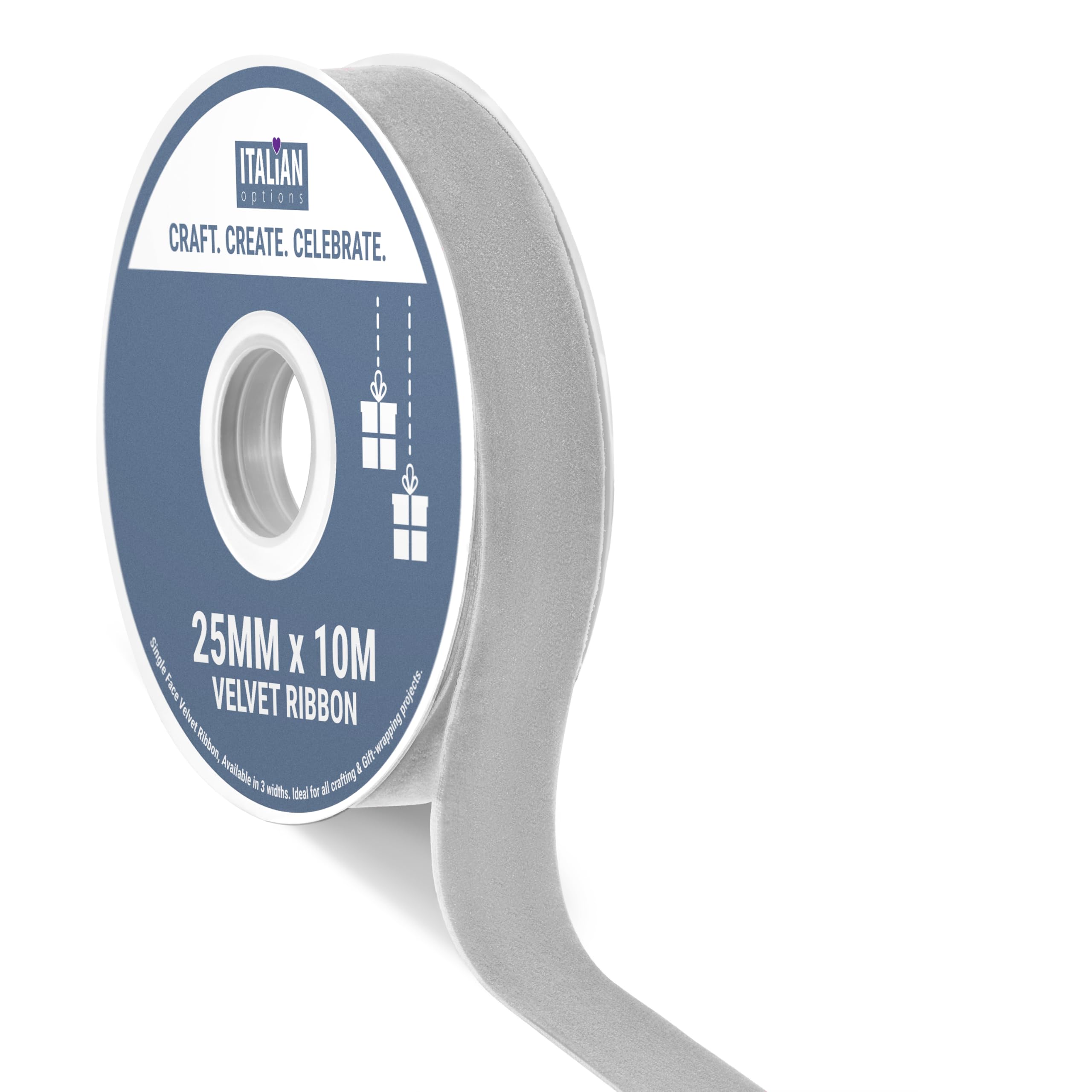 Italian Options Velvet Ribbon, Luxury, Single-Face Velvet Ribbon for Crafting, Christmas, Bows, Hair, Cakes, Weddings, Ornaments, Gift Wrapping, Flowers, 25mm x 10 Metre Roll, Silver