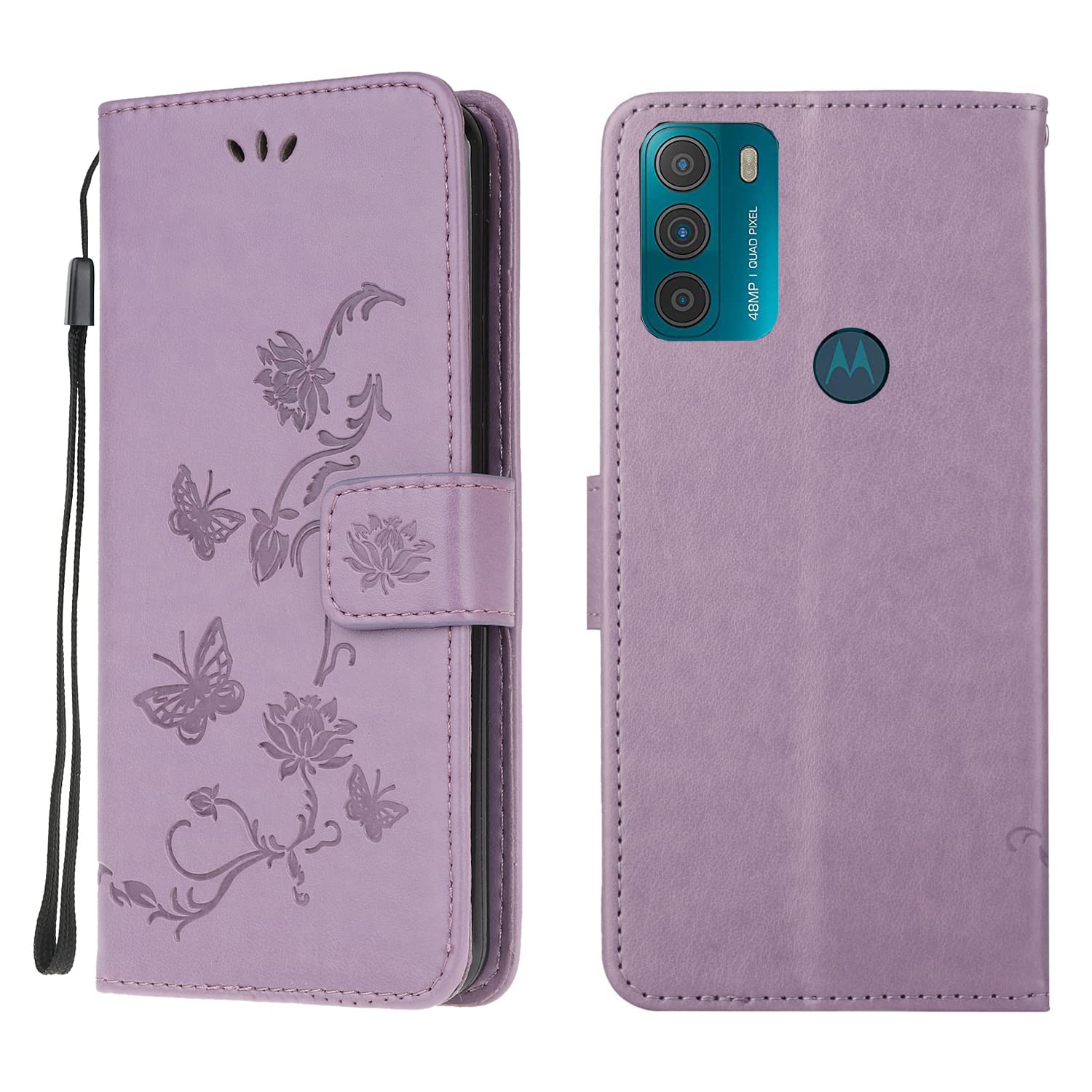 Motorola Moto G50 Case, Moto G50 Flip Case Lotus Butterfly Embossed PU Leather Wallet Book Protective Cover with Card Holder Stand TPU Bumper Shockproof Cover for Motorola Moto G50, Light Purple