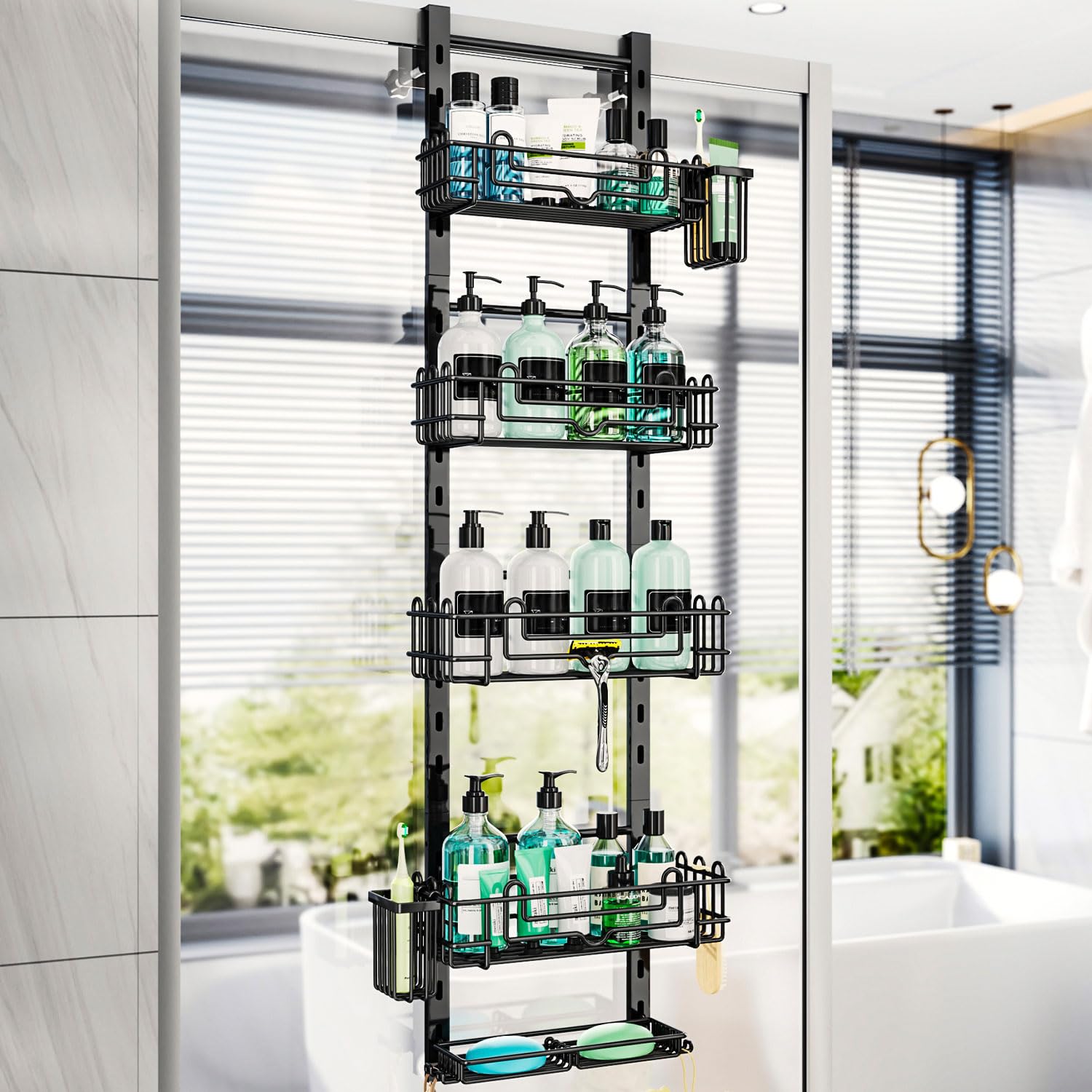Photo 1 of HapiRm 5 Tier Over the Door Shower Caddy, Hanging Shower Caddy with 28 Hooks and 2 Toothbrush Holders, No Drilling Adjustable Hanging Bathroom Organizer - Black