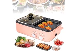 KAICHENYT Hot Pot with Grill, Electric Hot Pot and Frying Pan, Shabu Shabu Pot with Grill, 2 in 1 Indoor NonStick Shabu Shabu Pot and Griddle, Dual Temperature Control, Fast Heating (Pink)