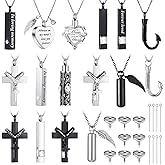 Huquary 16 Pcs Urn Necklace for Ashes Waterproof Stainless Steel Carved Ashes Locket with 8 Filling Kit Heart Cylinder Cross Cubic Fish Hook Jewelry for Ashes with Wing Diamond for Men Women