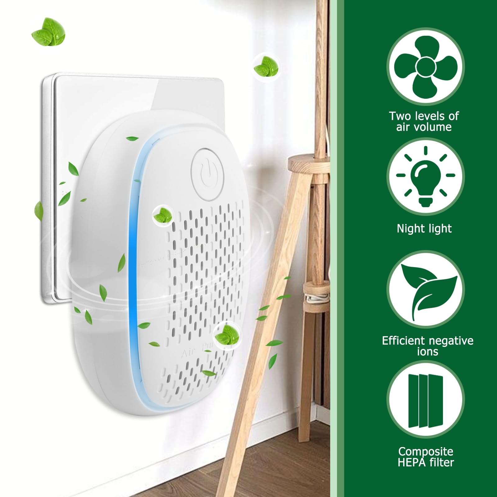 Air Ionizers HEPA Filter/Plug In Air Purifier for Home, Negative Ion Filtration System for Bathroom,Bedroom, Office, Kitchen, Mini Air Cleaner, Portable Air Filter (White) (1)