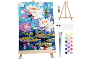 MXJSUA Water Lilies Framed Paint by Numbers for Adults Beginners, Easy Adults' Paint-by-Number Kits on Canvas with Easel, Acr