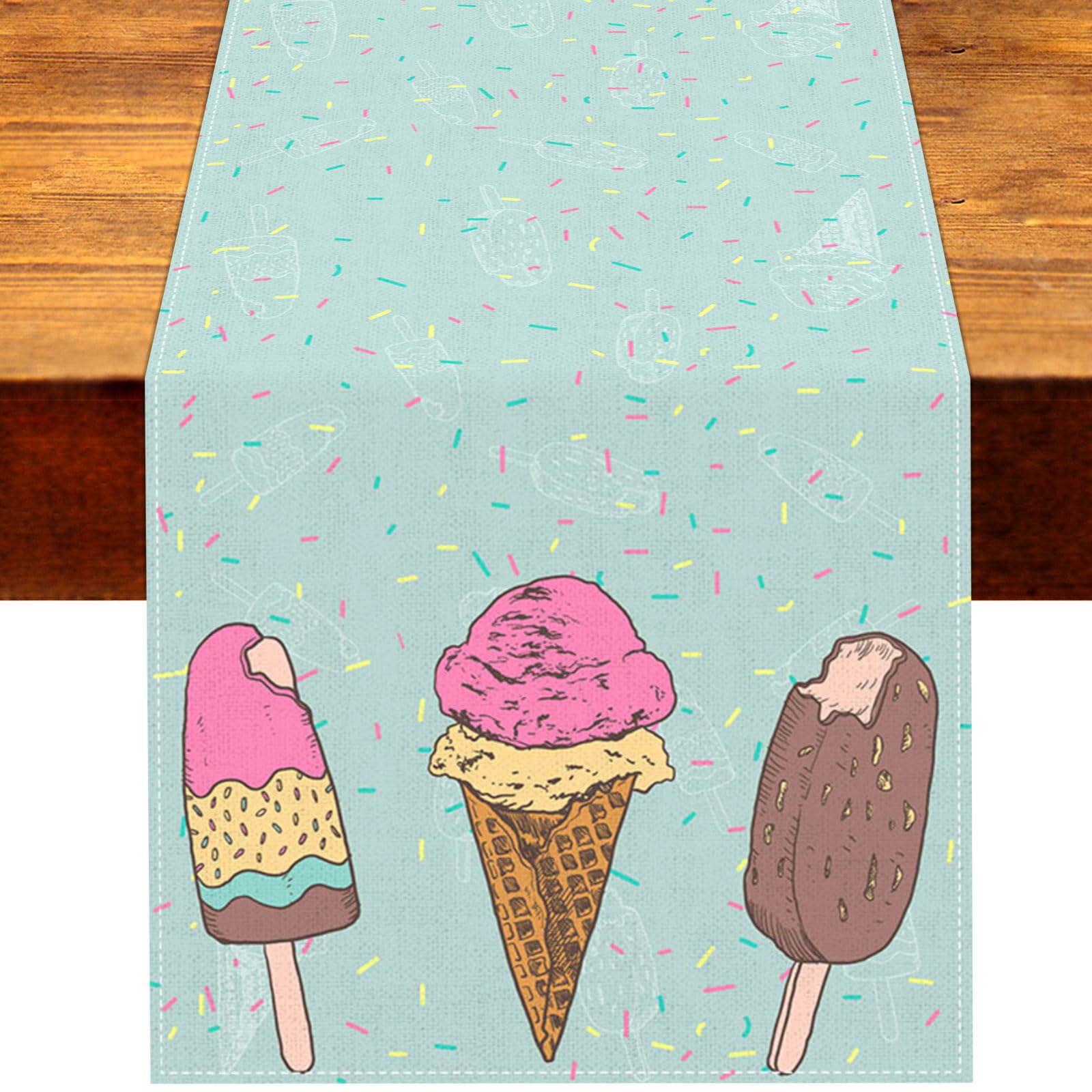 Photo 1 of Vohado Summer Popsicle Table Runner Ice Cream Themed Birthday Party Decorations Sweet Sprinkle Donut Dining Room Home Kitchen Island Decor