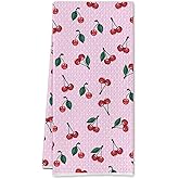SereneHanctuary Pink Cherry Fruit Kitchen Towels, Preppy Pink Cute Cherries Dish Tea Towels, Cherry Gifts for Women Decorative Hand Towel for Kitchen Bathroom, 16x24 Inch