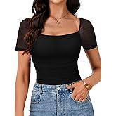 LYANER Women's Square Neck Ruched Sheer Mesh Short Sleeve Tee Shirt Top Black Large