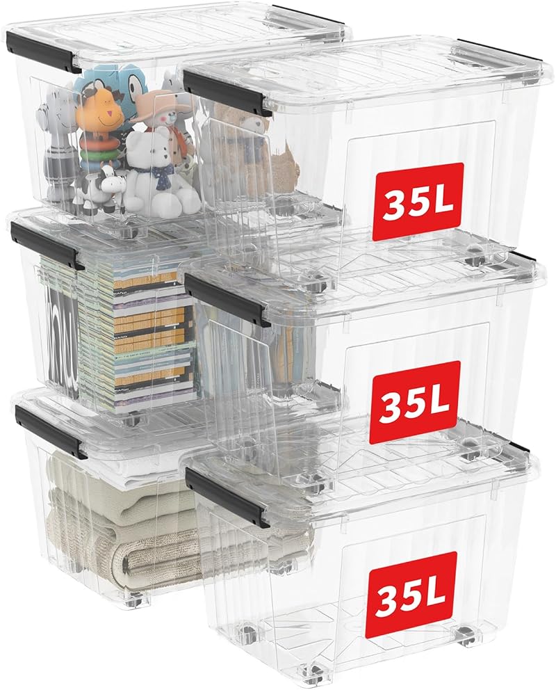 Cetomo 35L-6 Plastic Storage Boxes with Wheels Lidded Stackable Clear Organizer