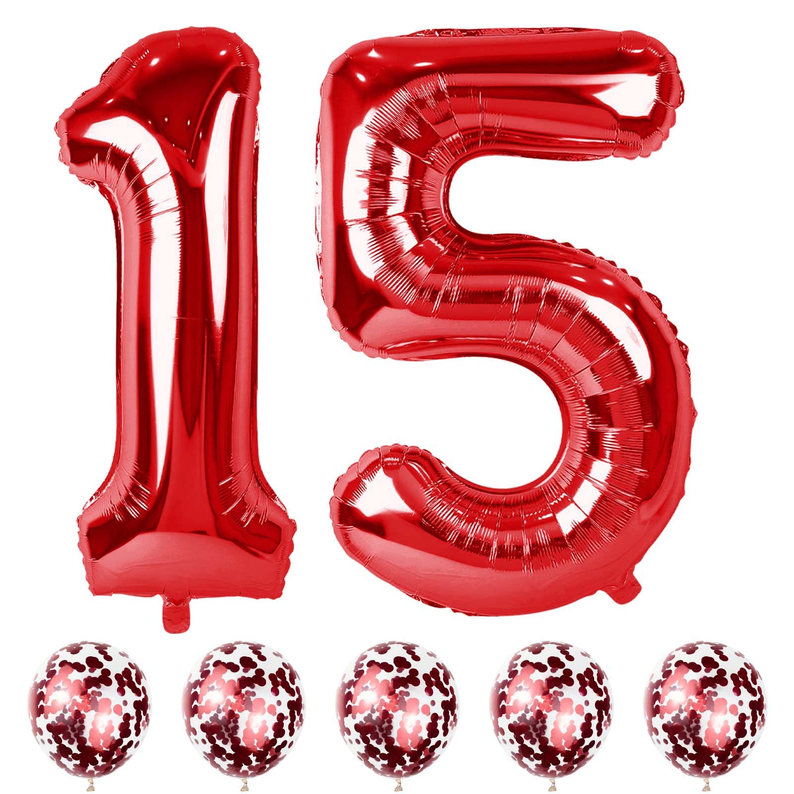 40 Inch Large Red Number 15 Foil Balloons - 15th Birthday Digital Balloons with Confetti and Helium, Self Inflating for Girls, Boys, Women & Anniversary Parties