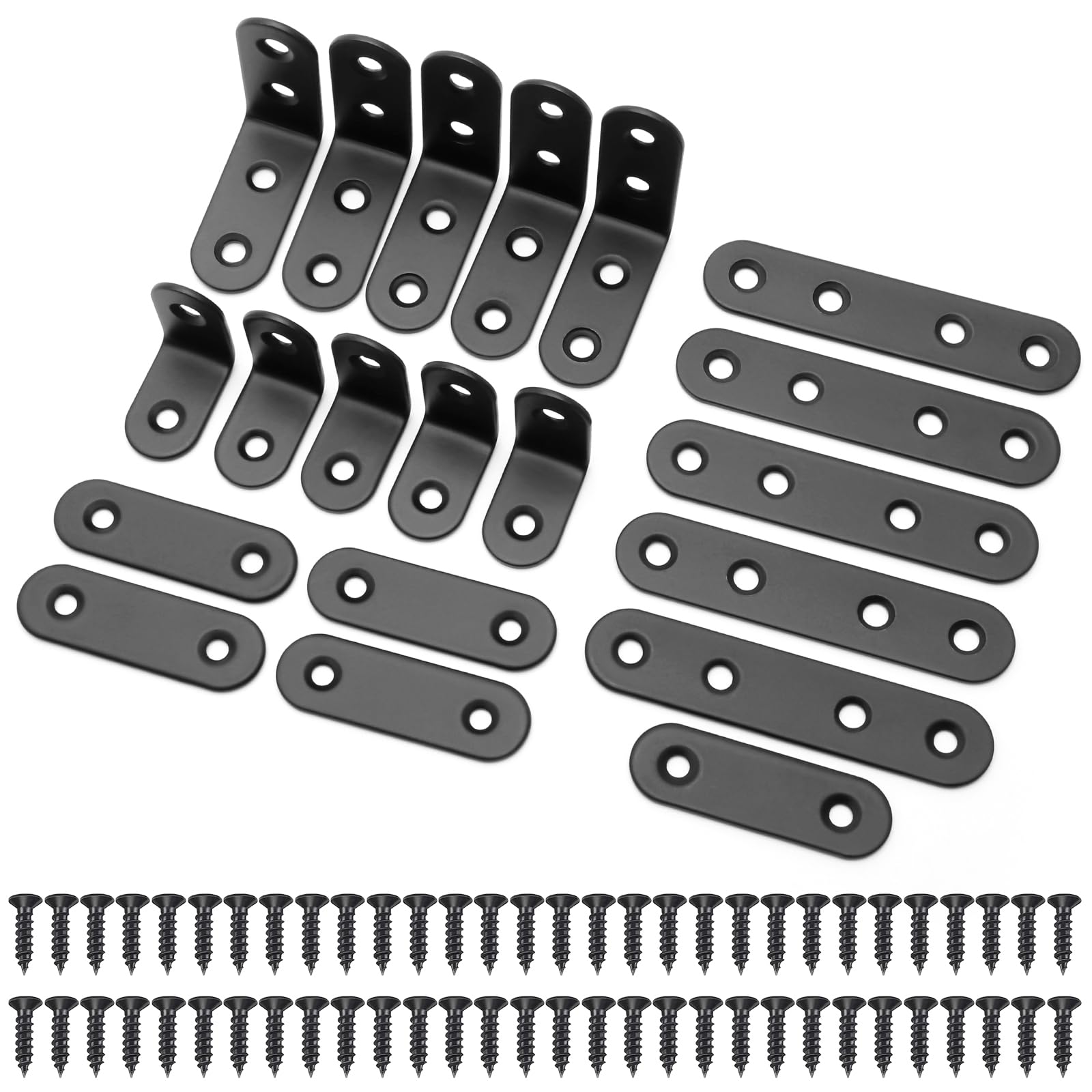 10 Pcs Corner Brackets and 10 Pcs Long Flat Straight Brace Brackets, Stainless Steel Metal Joining Plates with 60 Screws for Wood, Shelves, Furniture, Windows and Cabinets, Black