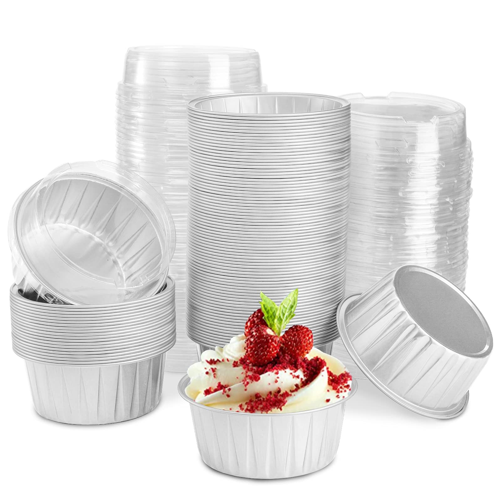 Photo 1 of DEAYOU 100 Pack Aluminum Foil Cupcake Baking Liner with Lid, 5oz Disposable Ramekin Baking Cups, Tart Pie Tin Pan Holder, Mini Cake Containers for Creme Brulee, Pudding, Party, Wedding, Silver Color
