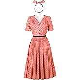 Wellwits Women's Polka Dots Ruffle Puff Sleeves Pleated Vintage Dress