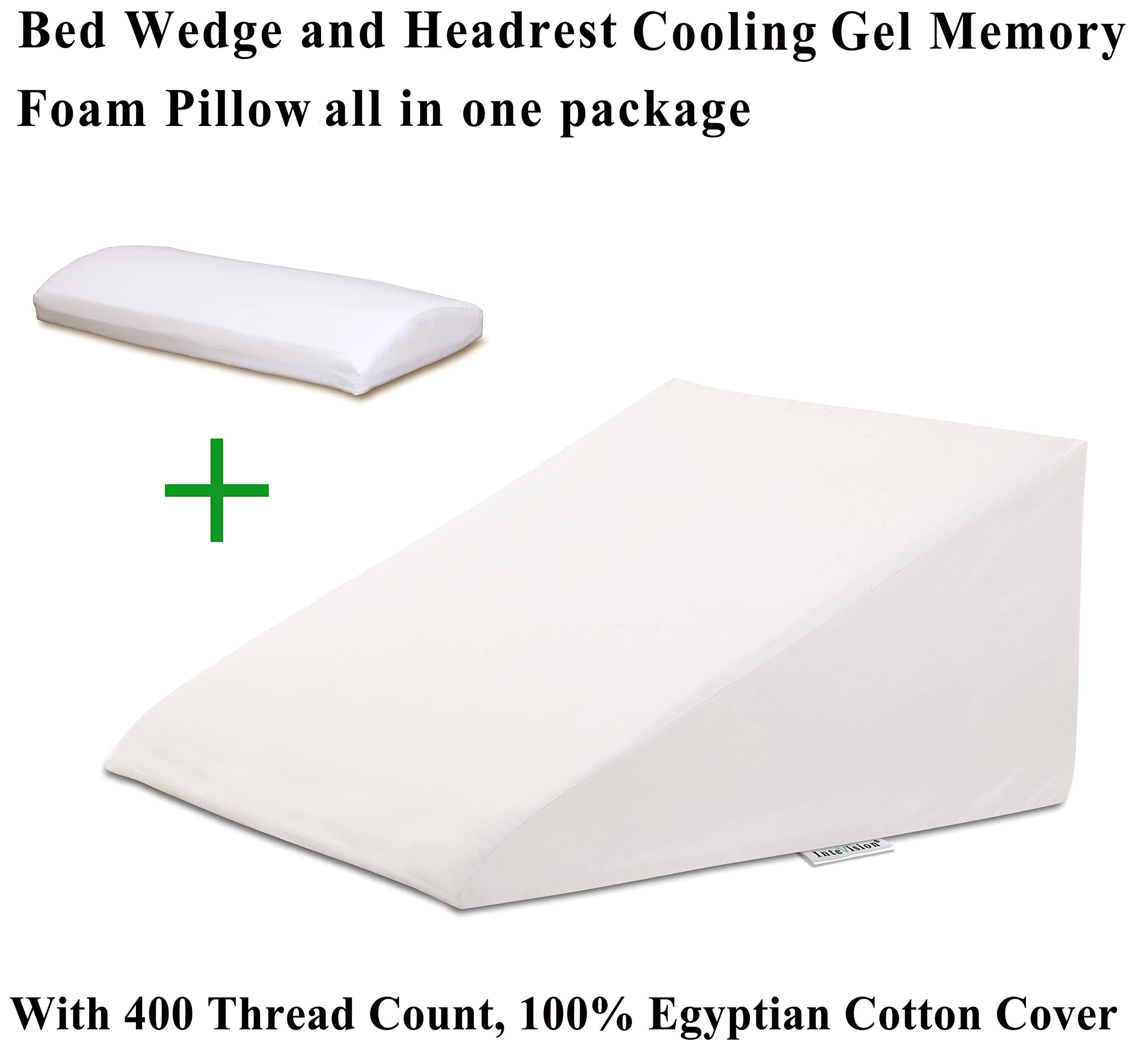 InteVision Extra Large Bed Wedge Pillow (33 x 30.5 x 12 inch) and Headrest Pillow in One Package - Helps Relief from Acid Reflux, Post Surgery, Snoring - Egyptian Cotton Cover - 2 inch Memory Foam Top