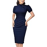 AISIZE Women's Elegant Tie Neck Puff Sleeves Ruched Cocktail Party Dress