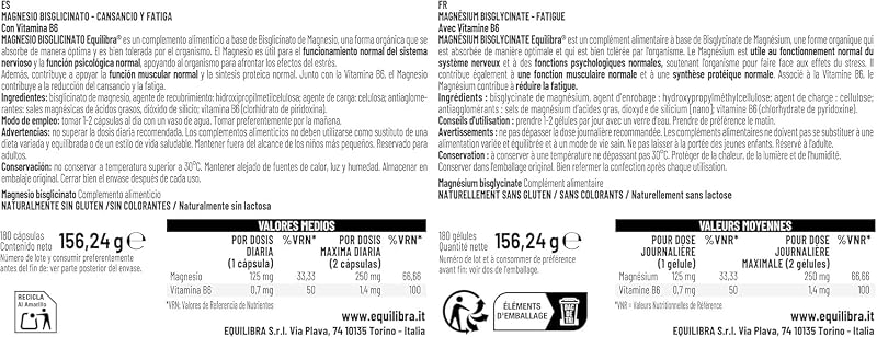 Bisglicinato de Magnésio, 180 cápsulas, 250mg, com vitamina B6, fornecimento de 6 meses, vegan, para cansaço e fadiga, sistema nervoso, função psicológica, sem glúten