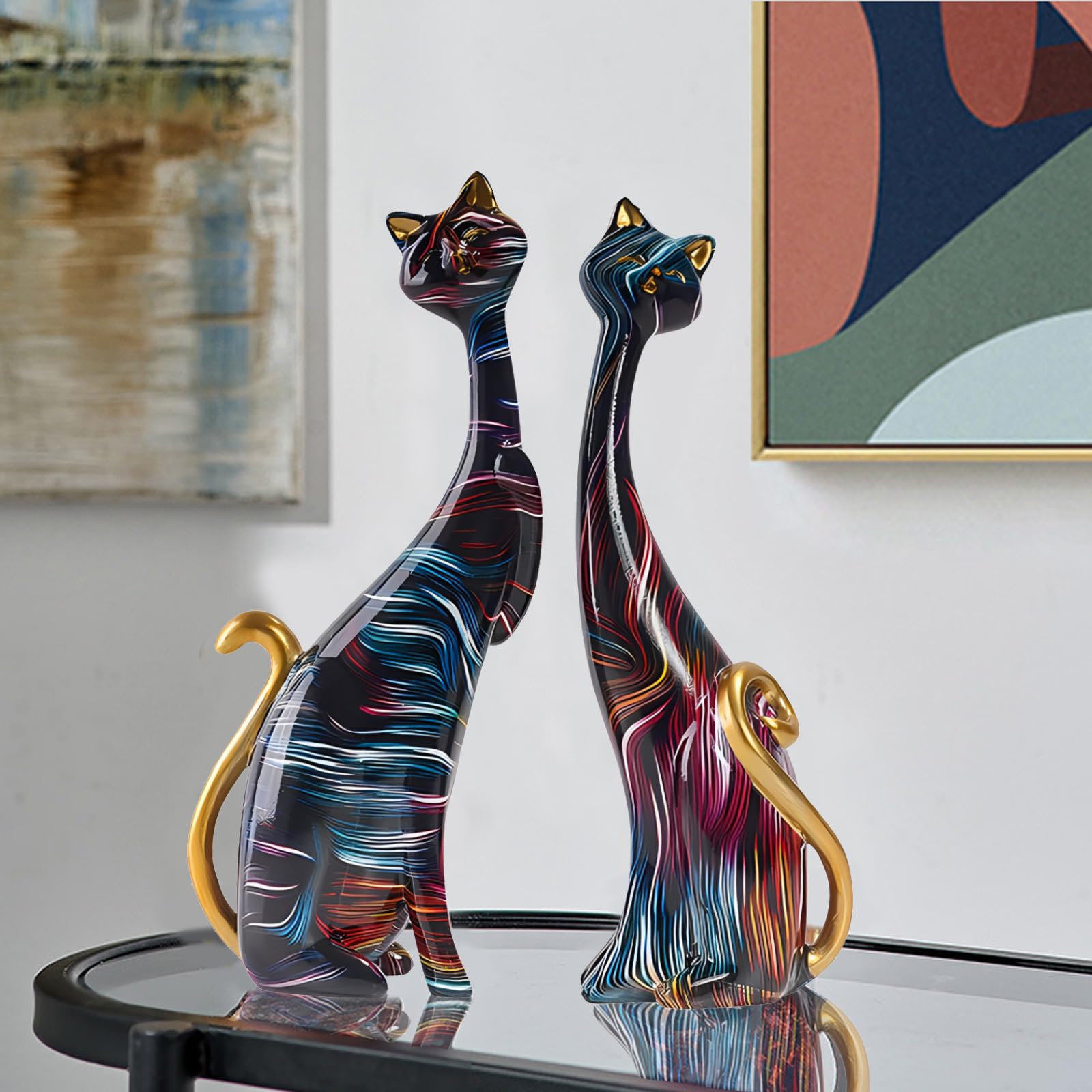 LIKEUDO Set of 2 Resin Cat Statues Sculptures Cat Figurine (Line)