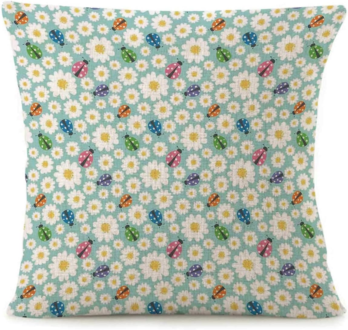 Ladybugs Fashionable Pillow Cover,Colorful Daisies and Ladybirds Image Good Luck Charm Discover Your True Self Concept for Throw Pillow,16.5" L x 16.5" W