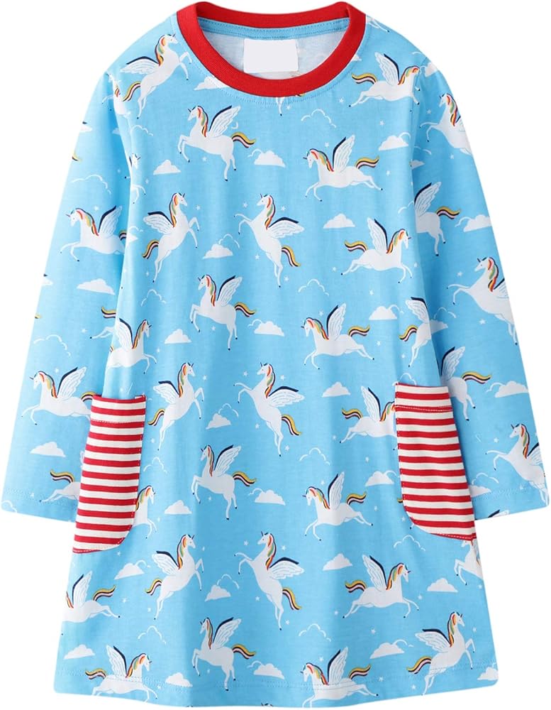 Vestido Niña Azul Otoño Manga Larga Algodón Casual Unicornio ...