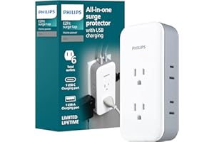 Philips All-in-One Surge Tap with USB, 2 Grounded & 4 Polarized Outlets, 1 USB-C & 1 USB-A Port (15W Shared), 490 Joules, ETL Certified, White/Gray, SPP3503GW/37