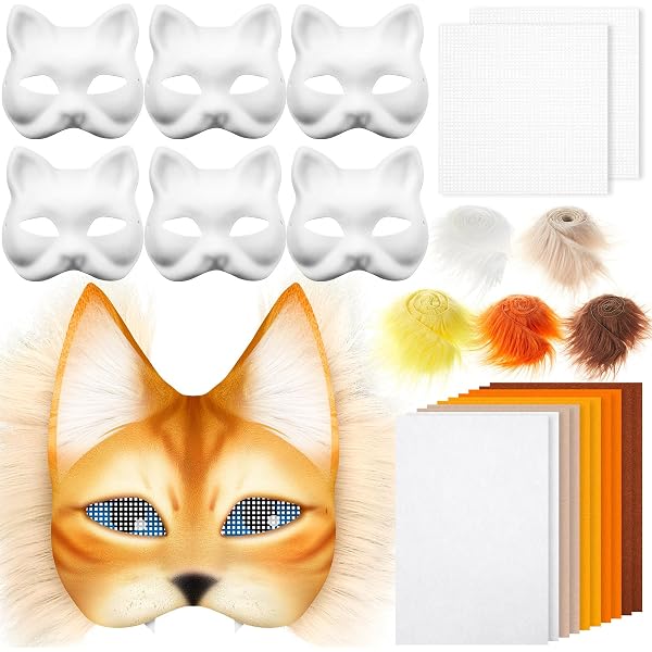 XIPEGPA DIY Cat Therian Mask Kit - 3 White Paper Masks With Fur & Eye Mesh For Cosplay & Halloween Costumes
