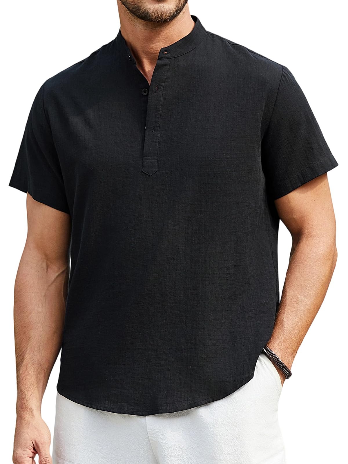 Enlision Herren Hemd Kurzarm Schwarz Baumwolle Leinenhemd Leichtes Sommerhemd Ohne Kragen Freizeithemden für Herren Henley Shirt Regular Fit L