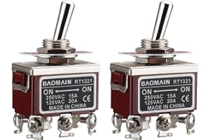 Baomain 2-Pack Toggle Switch, DPDT ON/ON 2 Position, 250VAC 15A 125VAC 20A, 1/2" mounting Hole 6 Pin Screw Terminal RT1321