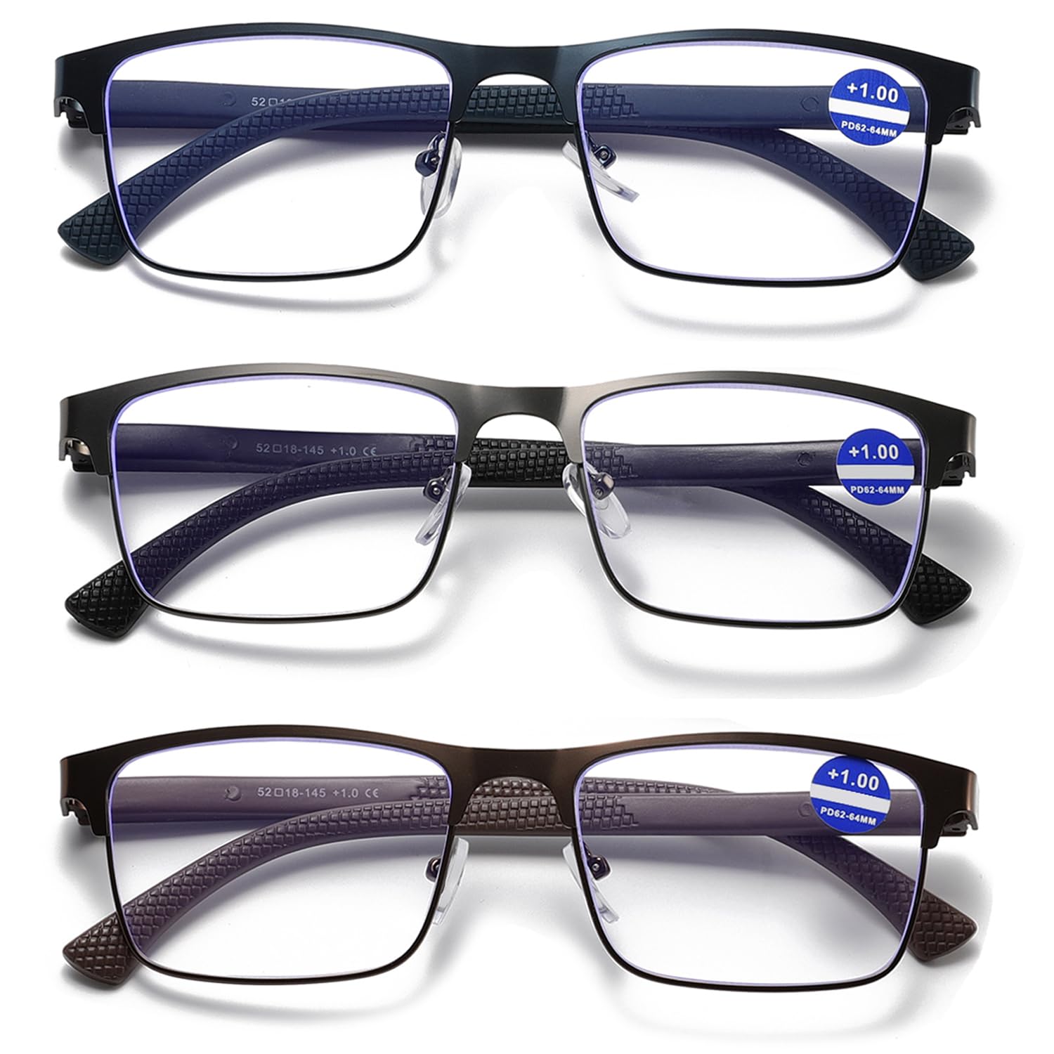 Hubeye 3 Pack Reading Glasses Men Metal Frame Square Style Stainless Steel Material Spring Hinges Blue Light Blocking Computer Readers 3.50