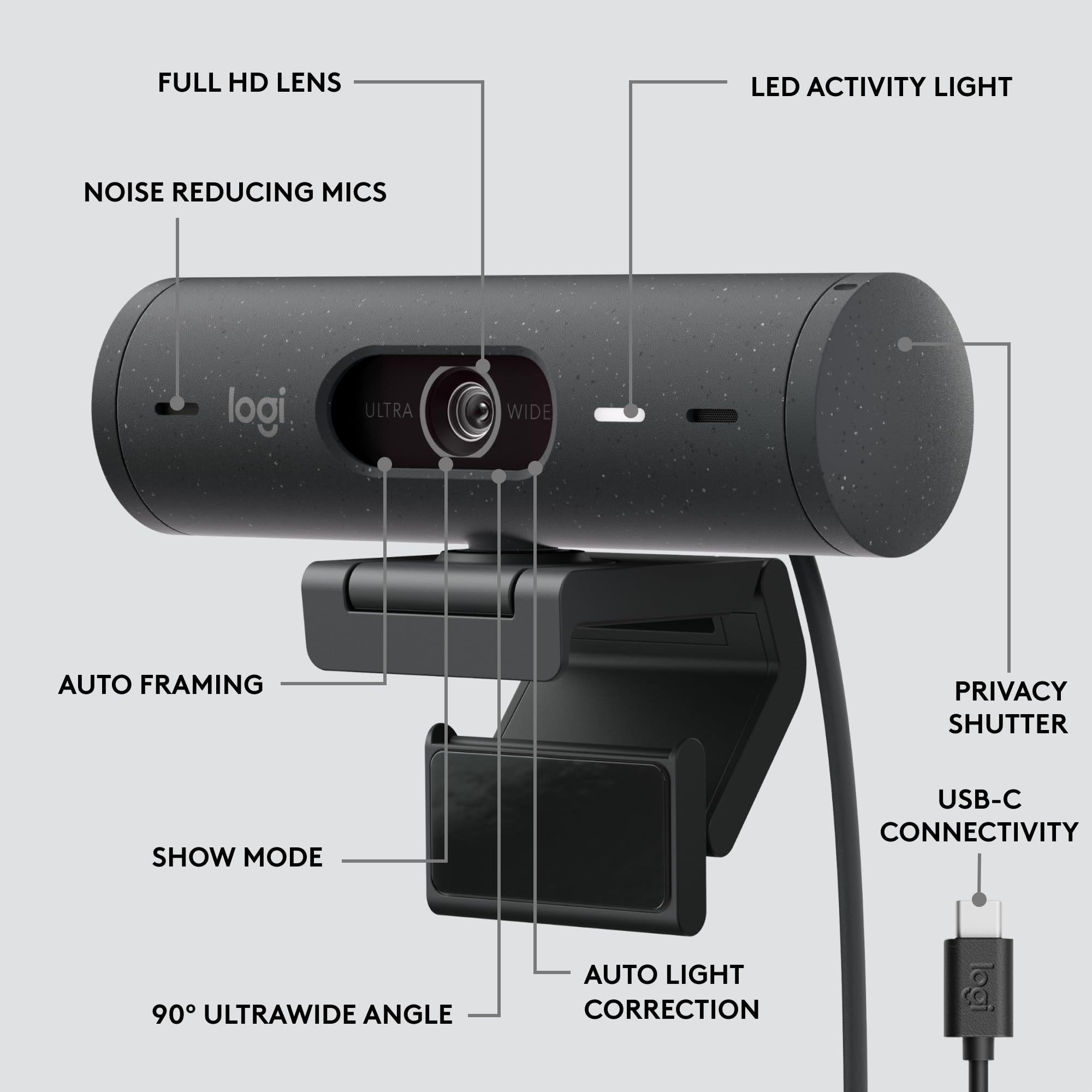Logitech Brio 505 Full HD Webcam with Auto Light Correction, Auto-Framing, Show Mode, Dual Noise Reduction Mics, Privacy Shutter, Works with Microsoft Teams, Zoom, Google Meet