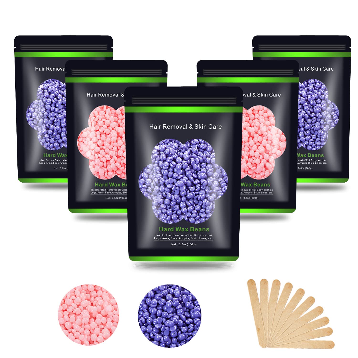Auperwel Wax Beads for Hair Removal 1.1 lb (17.6 oz), Hard Wax Beads for Sensitive Skin - Brazilian, Face, Bikini, Legs, Eyebrow, Painless Waxing Beads Kit for Women Men, 5 Packs with 10 Wax Sticks