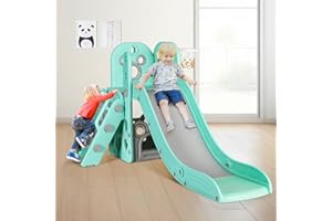 MAMIZO 4 in 1 Toddlers Slide Set, Kids Slides w/Climber, Storage, Basketball Hoop, Ball, Suction Cup Reinforced Base, Indoor Outdoor Playground Slide Playset Kids Age 3+ (Slide Set, Light Green)
