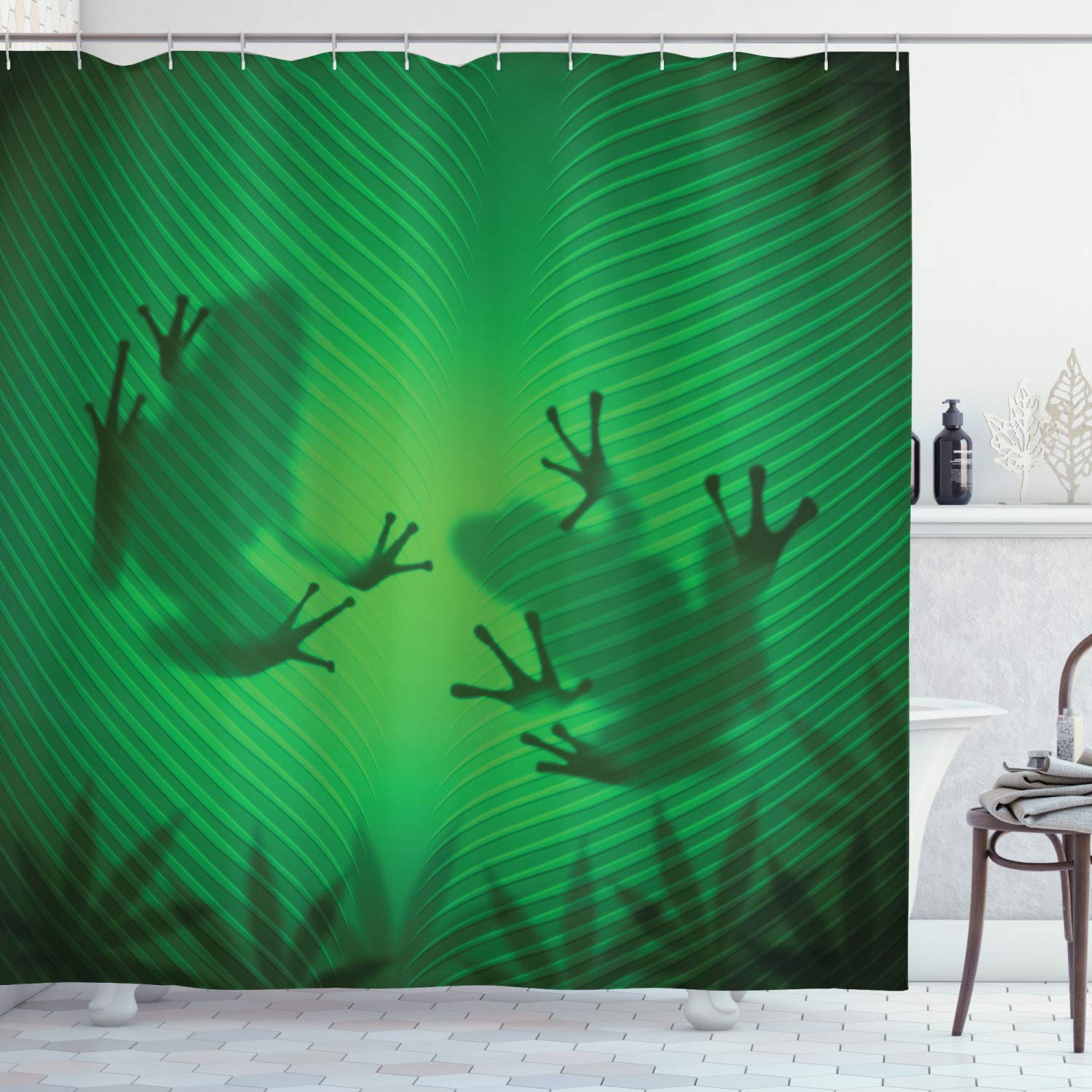 ABAKUHAUS Animal Shower Curtain, Frog Shadow Silhouette on the Banana Tree Leaf in Tropical Lands Jungle Games Graphic, Cloth Fabric Bathroom Decor Set with Hooks, 78 Inches, Green