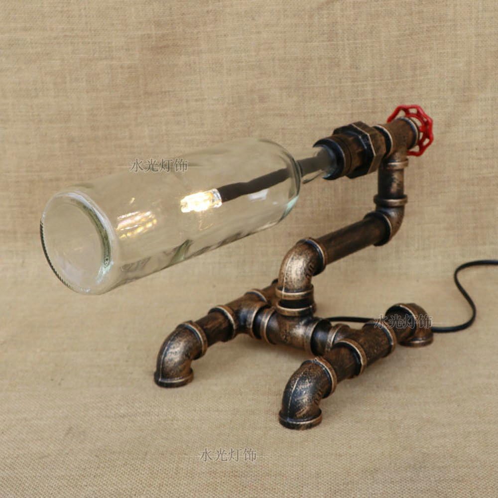 XCH Dazzling DL Table Lamp Vintage Industrial Steampunk Table Lights Wrought Iron Metal Retro Water Pipe Glass Bottle Table Lights with Red Valve Handle for Cafe Bar Bedside, Bedrooms, Club Decoration ( Color : Transparent bottle )