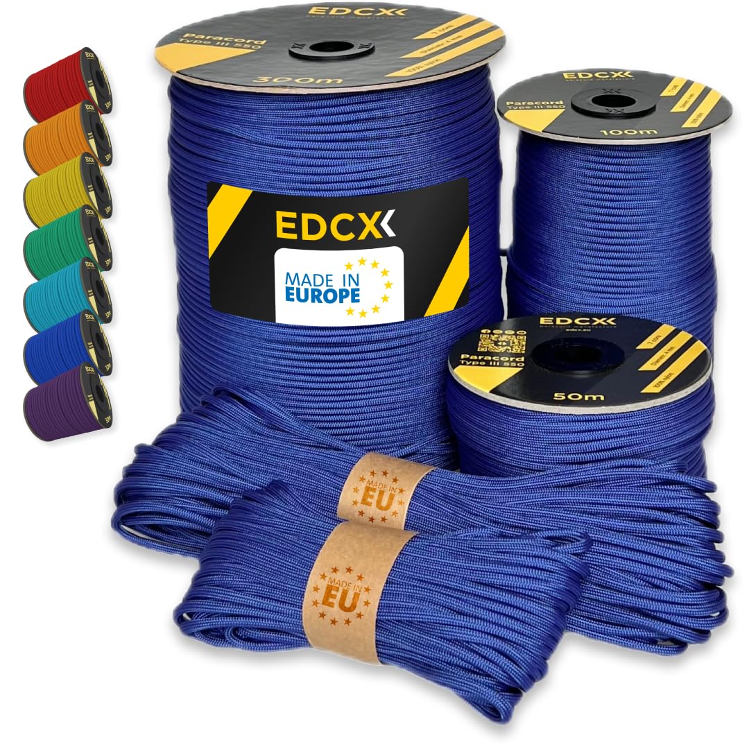 EdcX Paracord 4mm, 35+ Solid Colors (10m, 15m, 30m, 50m, 100m, 300m) | Ideal for Crafting, DIY, Camping, Survival, Outdoor | 100% Nylon Rope 4mm | Tactical Cord 550 Type III (Royal Blue, 100 m) — image 1