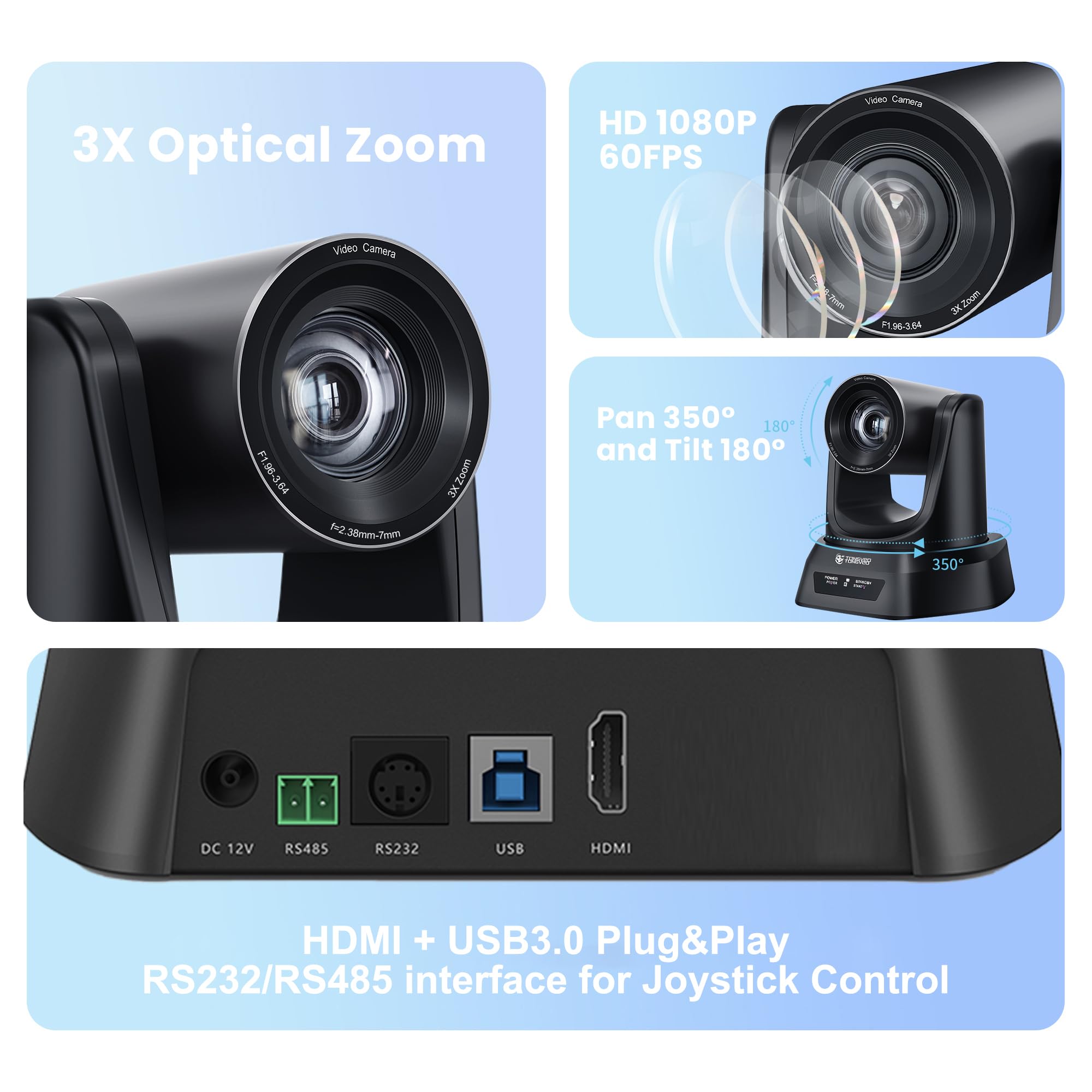 TONGVEO 3X Optical Zoom PTZ Camera HDMI USB 3.0 1080P 60fps 114-Degree Wide-Angle for Video Conference Business Meeting Live Streaming Online Learn with Zoom YouTube Teams OBS and More