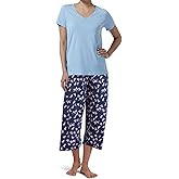 HUE womens Basic 2 Piece Pajama Set V-neck Tee and Printed Knit Capri Pant Made With Temperature Control Technology
