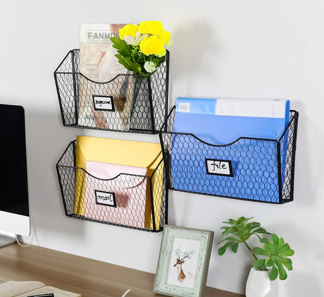 PAG 3 Pockets Hanging File Holder Wall Mount Mail Organizer Metal Chicken Wire Magazine Rack with Tag Slot, Black : Office Products