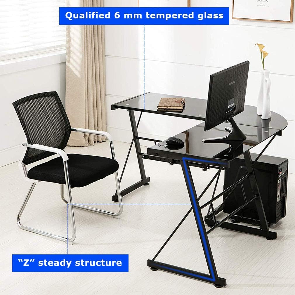 Computer Desk Gaming Desk L Shaped Corner Desk Home Office Writing Workstation Toughened Glass Study Keyboard CPU Stand PC Modern Table for Small Spaces,Black: Furniture & Decor