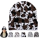Unisex Cow Print Beanie with Fleece Lining Winter Warm Knitted Hat for Women Men Soft Cuffed Skull Cap