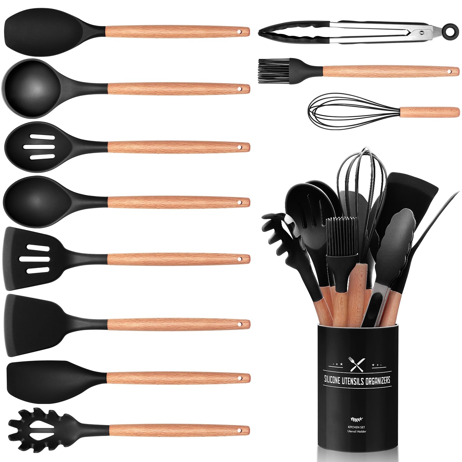 12 PCS Kitchen Utensil Set, Silicone Cooking Utensils with Holder, Natural Wooden Handle Cookware Tongs Spatula Spoon Set, Non Stick & Heat Resistant, Dishwasher Safe (Black)