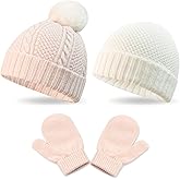 3 Pack Kids Winter Warm Beanie & Mittens Set,Knit Boys Girls Cozy Hat with Soft Crossed Cable for Baby Children's Toddler