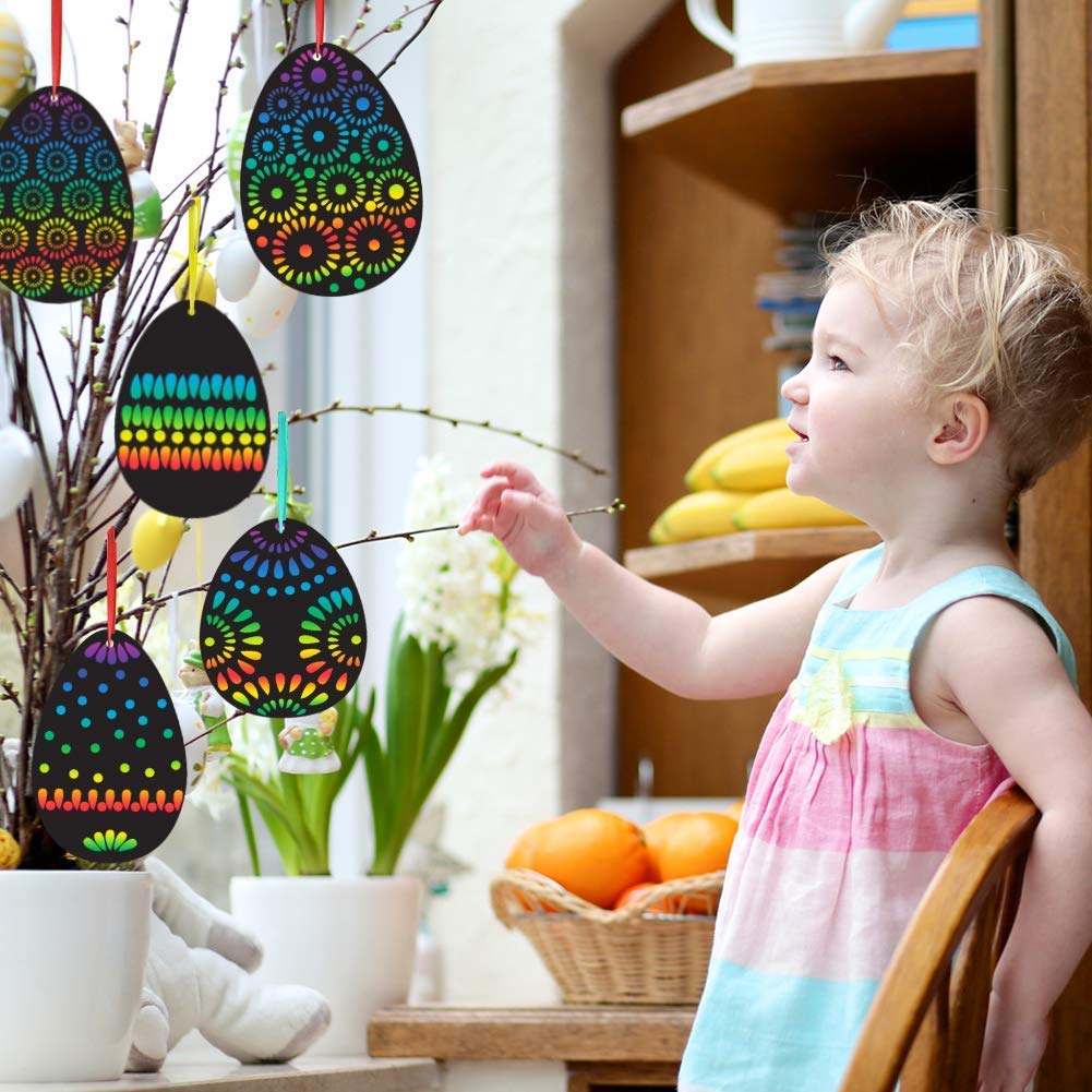 Koogel Osterei Kratzbilder, 36 Stück Kratzpapier Bastelset Kinder mit Holzstäbchen und Buntem Band für Ostern Geburtstag Party Dekoration DIY Handwerk