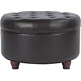 Homepop Home Decor | Button Tufted Faux Leather Round Storage Ottoman | Ottoman with Storage for Living Room & Bedroom (Distressed Brown)