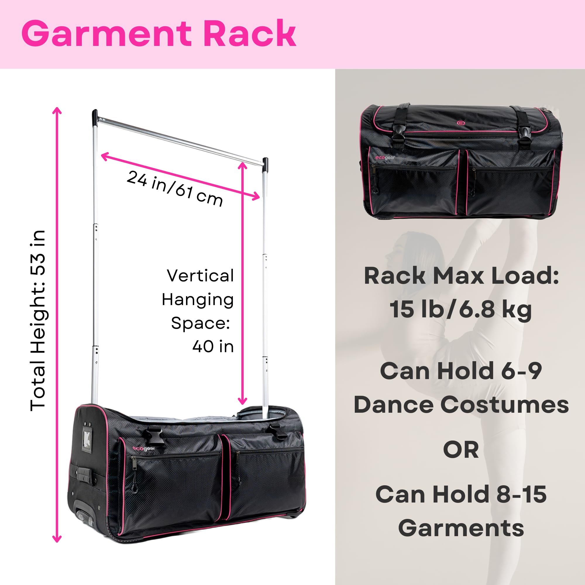 Ecogear Dance Bag with Garment Rack, 28 Inch Rolling Duffel Ideal for Dance Competition & Travel, Wheeled Upright Luggage with Easy-assembly Lightweight Aluminum Clothes Rack, Black/Pink