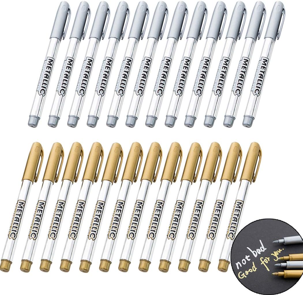 24Pcs Metallic Marker Pens, Creatiee Gold Silver Metallic Permanent Markers Metallic Painting Pens Signature Pens for Card Making Rock Painting Glass Metal Wood Script Lettering DIY Photo Album