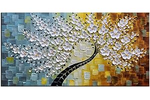 YaSheng Art -100% HandPainted Oil Painting On Canvas Texture White 3D Flower Tree Paintings Abstract Canvas Wall Art Home Bedroom Dining Room Living Room Modern Wall Decor Art Ready to hang 24x48inch