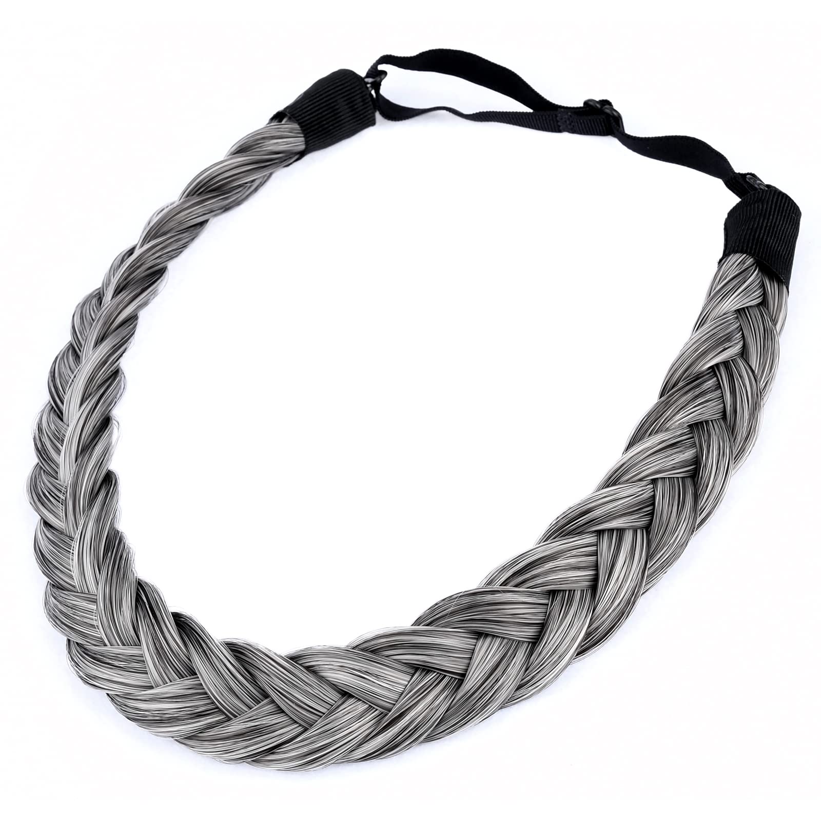 BOBIYA 2 Strand Synthetic Hair Braided Headband Classic Chunky Plaited Braids Elastic Stretch Hairpiece for Women Girl Beauty Accessory (Dark Gray)