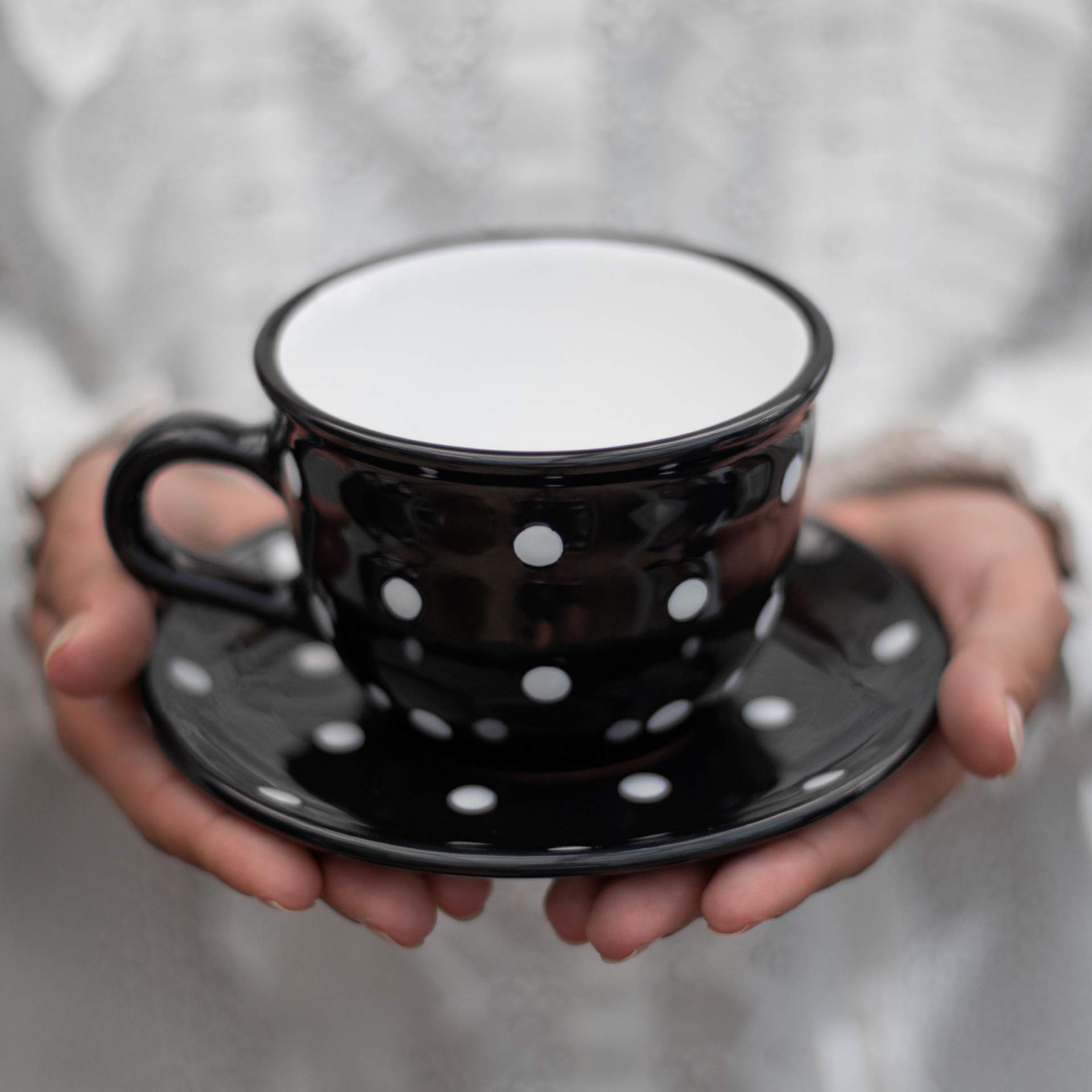 City to Cottage® Black and White | Polka Dot Spotty | Designer Handmade Hand Painted | Large Unique Ceramic 12oz/350ml | Cappuccino Coffee Tea Cup with Saucer | Gift