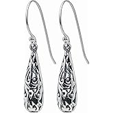 Teardrop Vintage Filigree Dangle Drop Earrings, 925 Sterling Silver, Bohemian Boho Style, 1.40" Inch Length