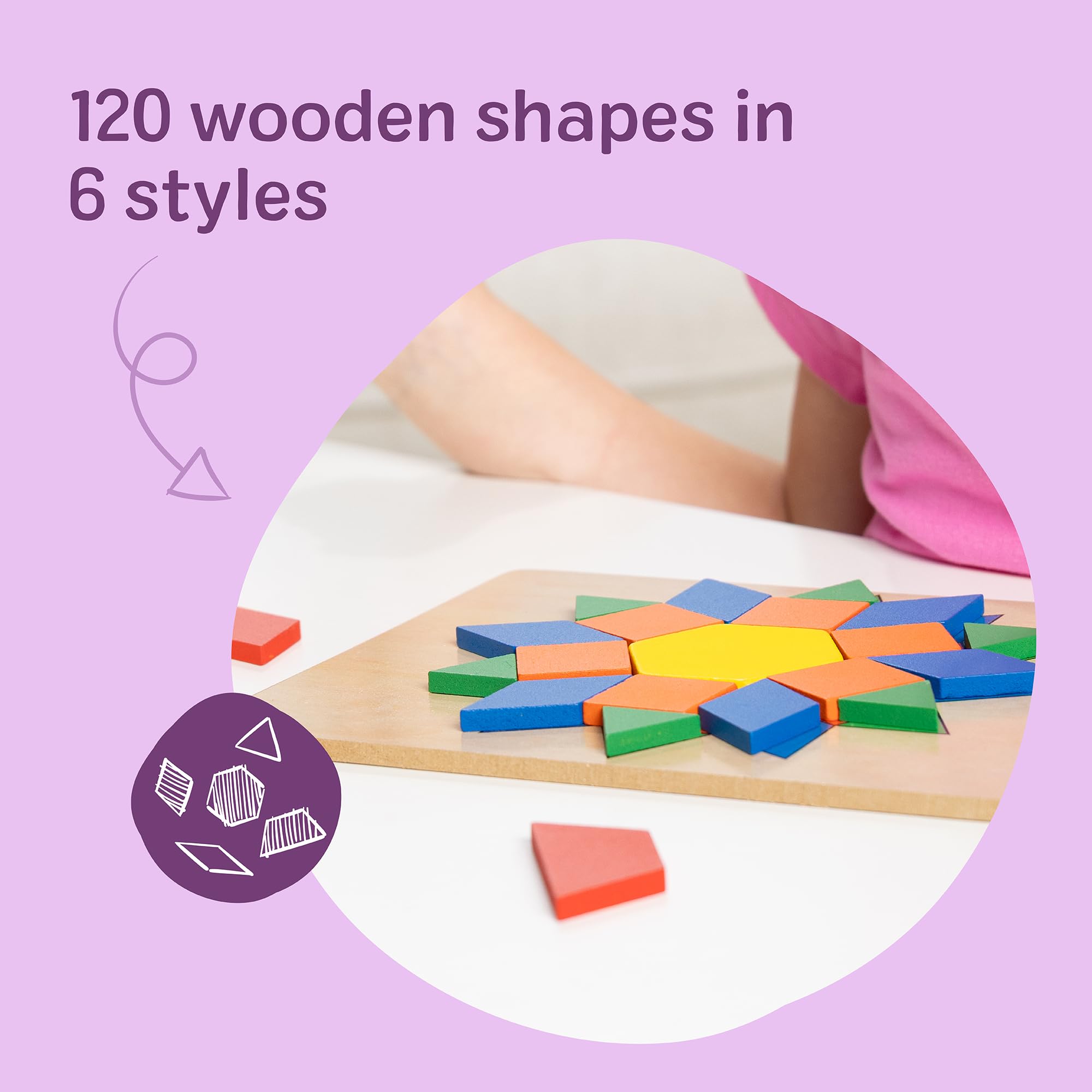 Melissa & Doug Pattern Blocks and Boards with 120 Multi-Colored Wooden Shape Tiles, 5 Double-Sided Puzzle Boards, Tangram Puzzles, Montessori Toys for Girls & Boys