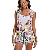 Crochet African Flower Granny Square Crochet Vest, Color Block Sweater, Knitted Multicolor Open Front Cardigan