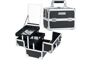 FRENESSA Makeup Train Case Cosmetic Organizer Case Portable Makeup Box with Mirror 2 Trays Lockable Make up Travel Storage Case for Makeup Artist, Nail Kits, Makeup Tools Makeup Case Modern Black